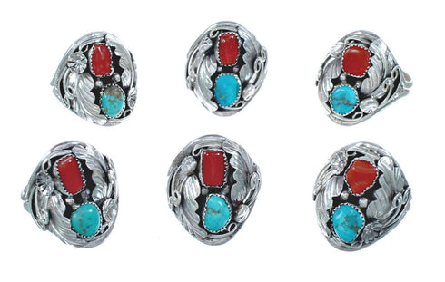 Authentic Sterling Silver Navajo Turquoise Coral Leaf Design Ring Size 11-1/2 AX121444